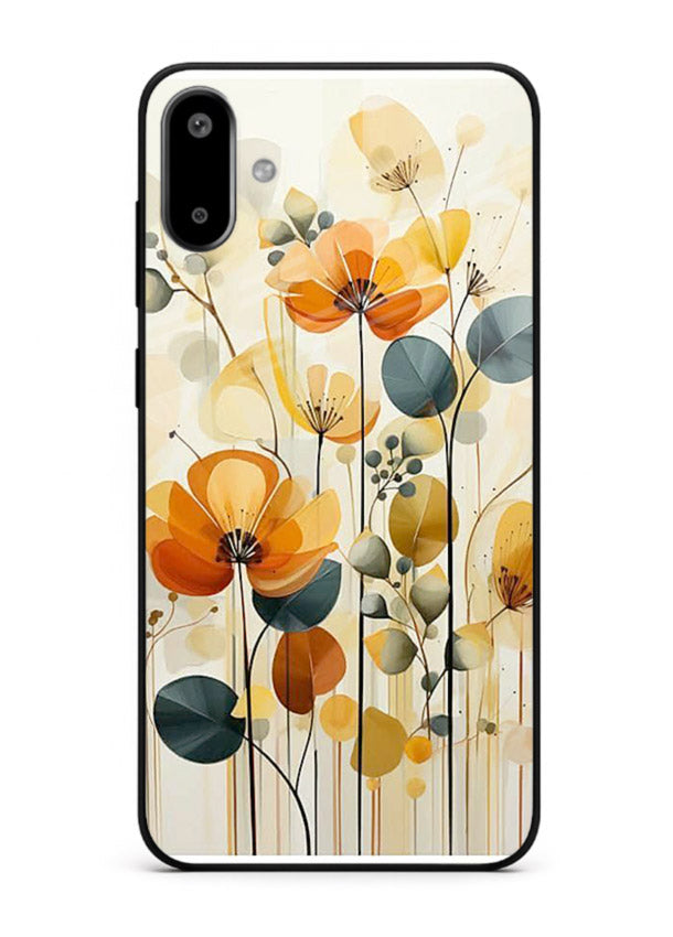 Orange blossom cluster artwork on Samsung F06 5G glass back cover with warm bright botanical accents.
