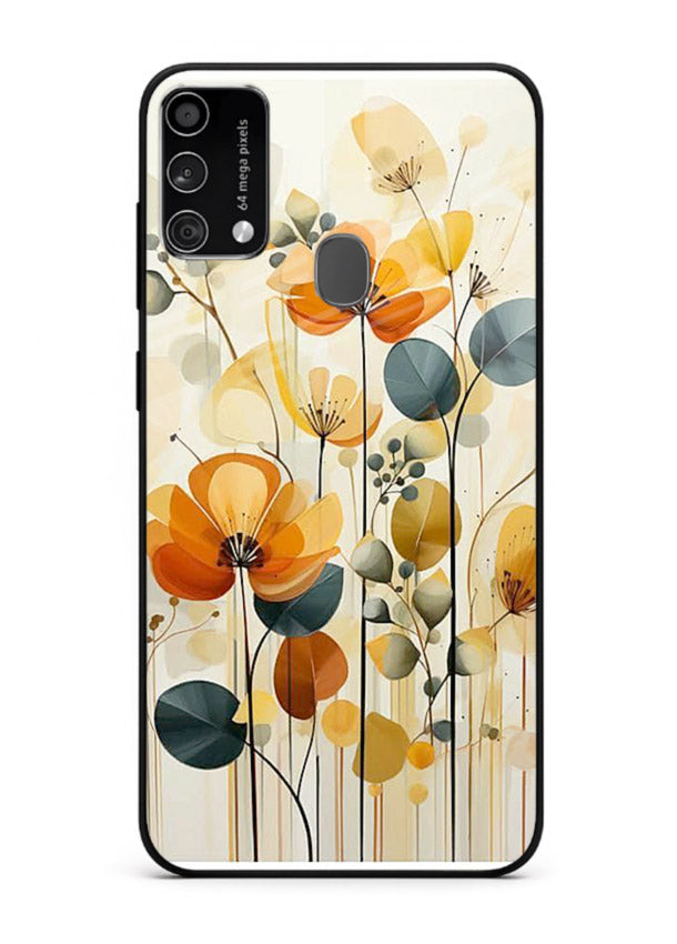 Orange blossom cluster artwork on Samsung F41 glass back cover with warm bright botanical accents.