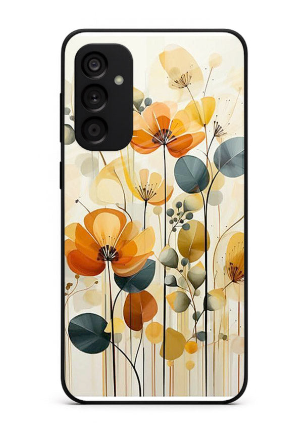 Orange blossom cluster artwork on Samsung A04s 5G glass back cover with warm bright botanical accents.