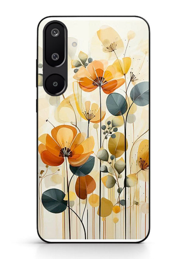 Orange blossom cluster artwork on Samsung M16 5G glass back cover with warm bright botanical accents.