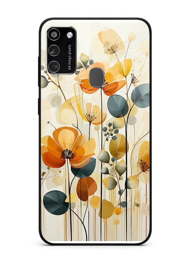 Orange blossom cluster artwork on Samsung M21 glass back cover with warm bright botanical accents.