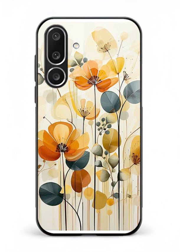 Orange blossom cluster artwork on Samsung F56 5G glass back cover with warm bright botanical accents.