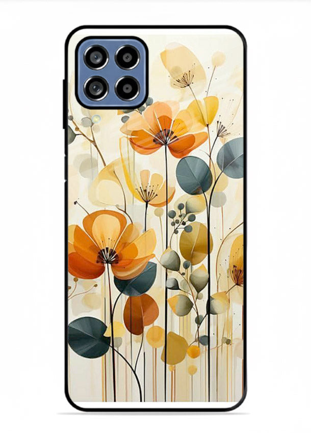 Orange blossom cluster artwork on Samsung M53 5G glass back cover with warm bright botanical accents.