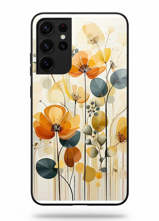Orange blossom cluster artwork on Samsung S21 Ultra glass back cover with warm bright botanical accents.