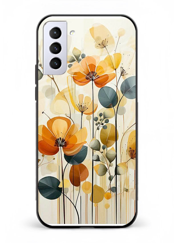 Orange blossom cluster artwork on Samsung S21 FE glass back cover with warm bright botanical accents.