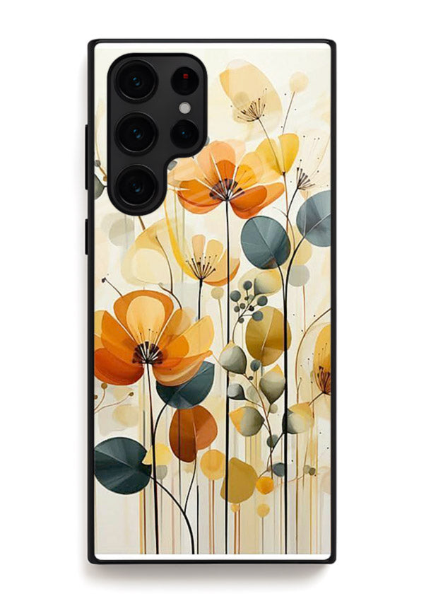 Orange blossom cluster artwork on Samsung S25 Ultra glass back cover with warm bright botanical accents.