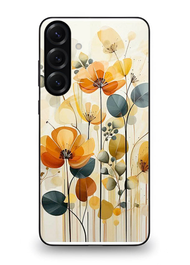 Orange blossom cluster artwork on Samsung M35 5G glass back cover with warm bright botanical accents.