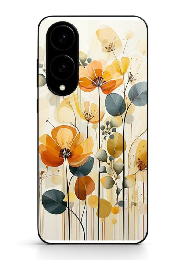 Orange blossom cluster artwork on Samsung S25 Edge glass back cover with warm bright botanical accents.