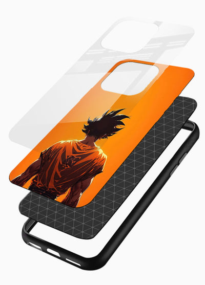 goku orange back silhouette anime art glossy vibrant premium glass cover warm sunset case - Angle Layers