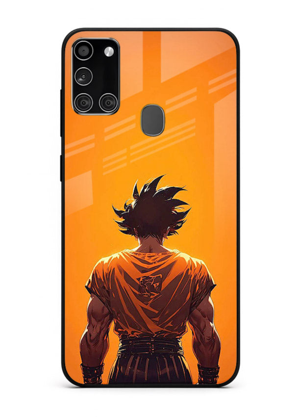 goku orange back silhouette anime art Samsung A21s glass cover warm sunset case