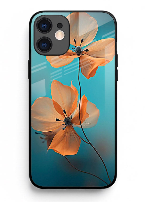 Orange petal artwork on iphone 12 mini glass back cover with bright lively floral shading.