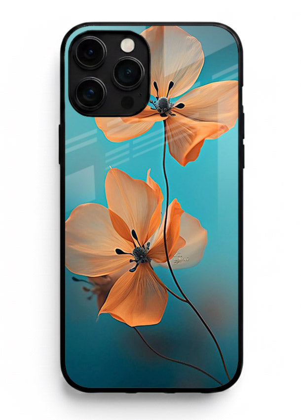 Orange petal artwork on iphone 12 pro max glass back cover with bright lively floral shading.