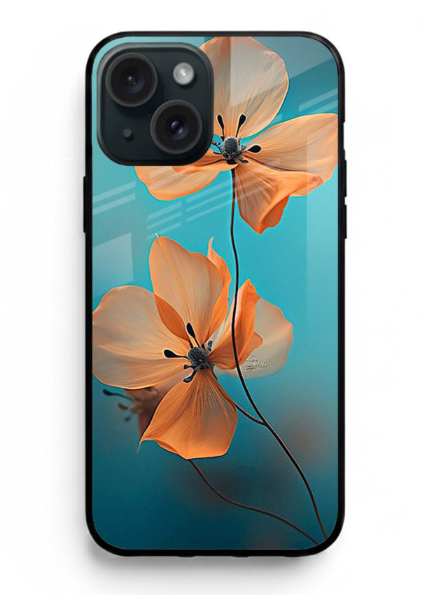 Orange petal artwork on iphone 13 mini glass back cover with bright lively floral shading.