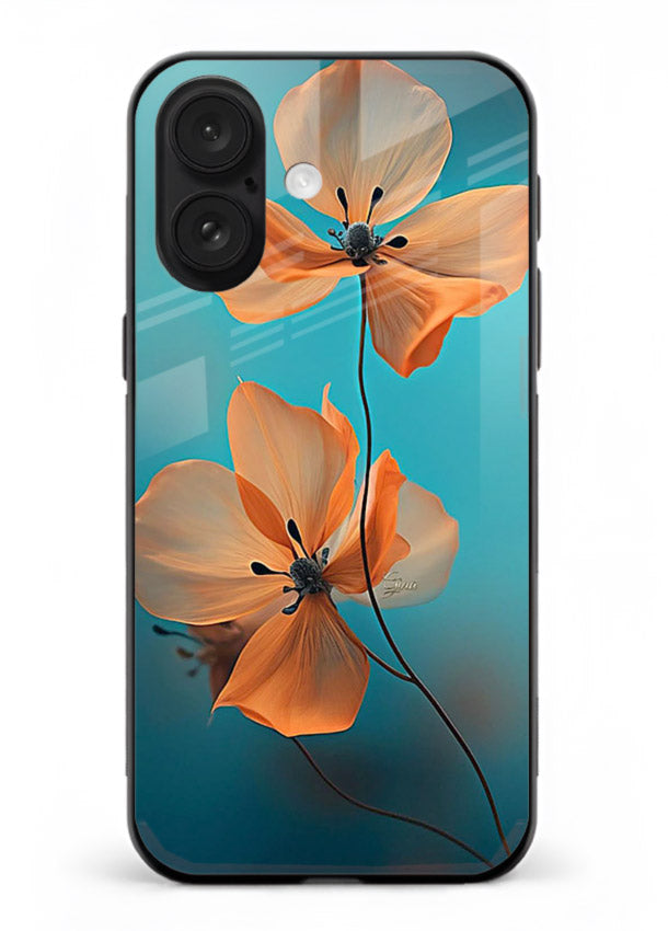 Orange petal artwork on iphone 18 glass back cover with bright lively floral shading.