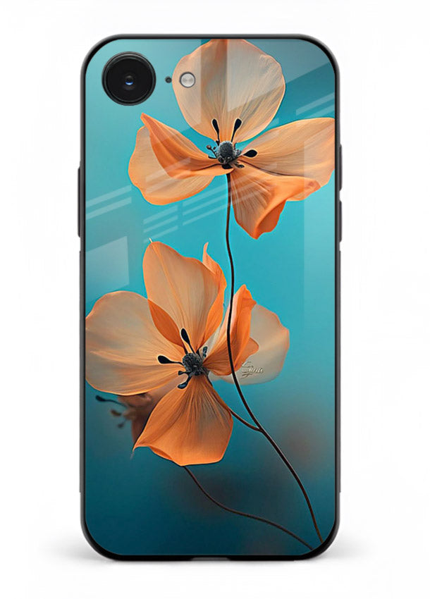 Orange petal artwork on iphone 16e glass back cover with bright lively floral shading.