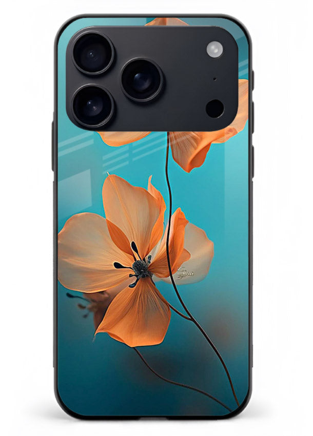 Orange petal artwork on iphone 18 pro max glass back cover with bright lively floral shading.
