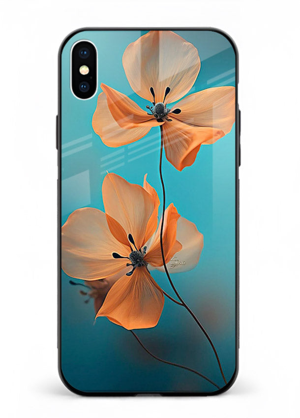 Orange petal artwork on iphone xs max glass back cover with bright lively floral shading.