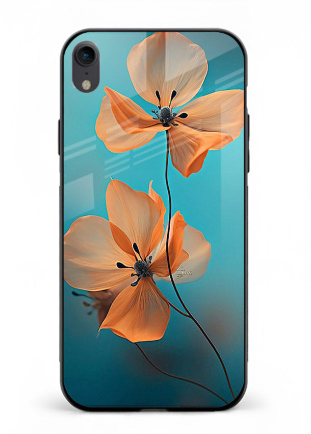Orange petal artwork on iphone xr glass back cover with bright lively floral shading.