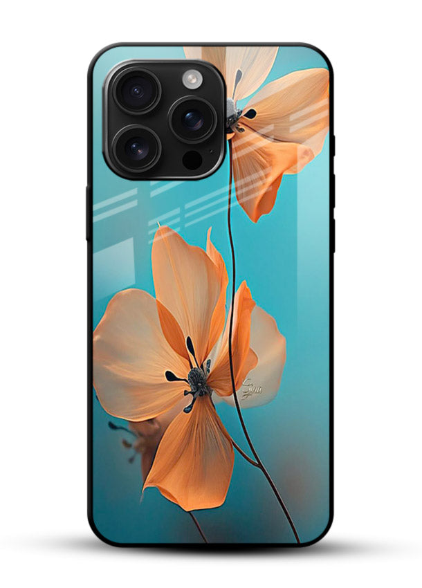 Orange petal artwork on glossy vibrant premium glass back cover with bright lively floral shading. - Angle Front