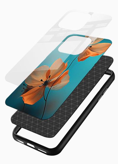 Orange petal artwork on glossy vibrant premium glass back cover with bright lively floral shading. - Angle Layers