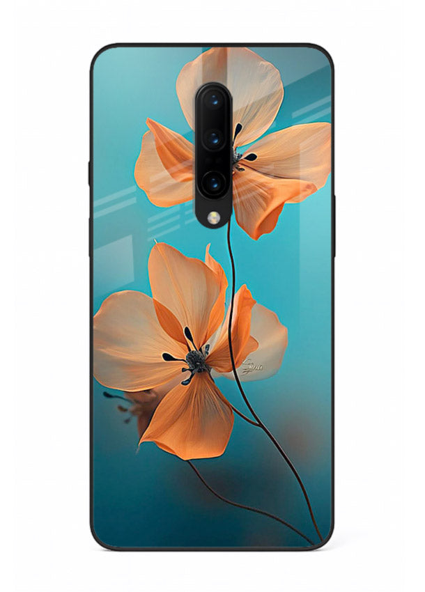 Orange petal artwork on OnePlus 8 glass back cover with bright lively floral shading.