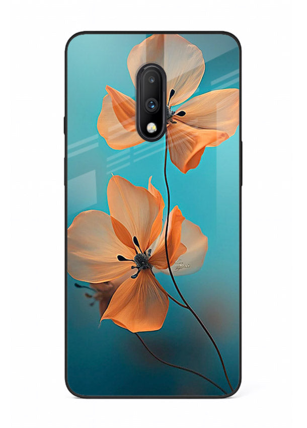 Orange petal artwork on OnePlus 7 glass back cover with bright lively floral shading.