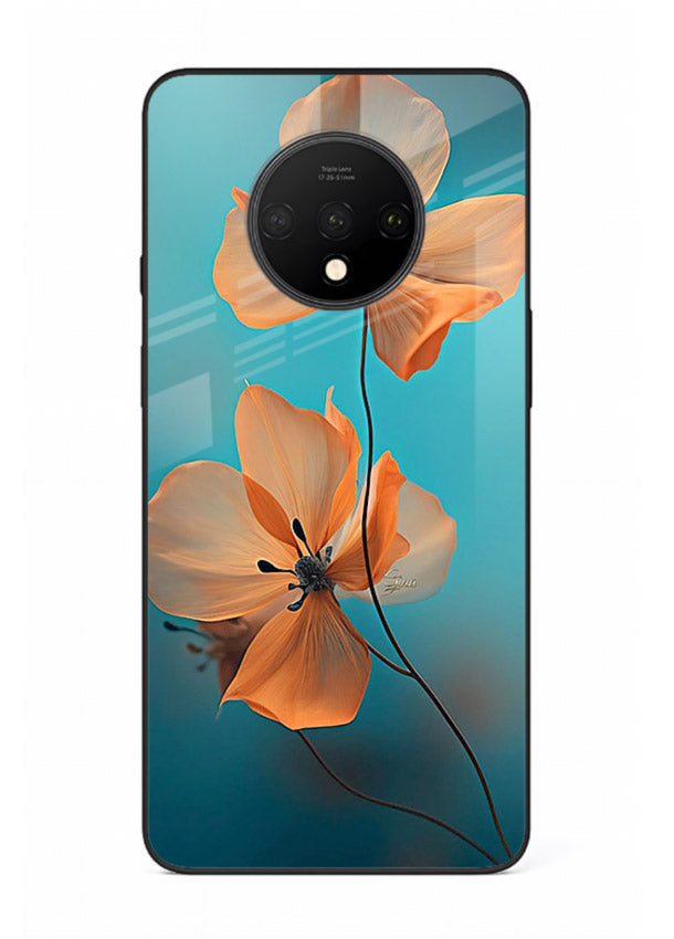 Orange petal artwork on OnePlus 7T glass back cover with bright lively floral shading.