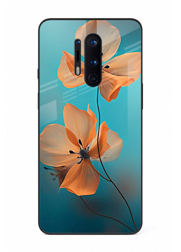 Orange petal artwork on OnePlus 8 Pro glass back cover with bright lively floral shading.