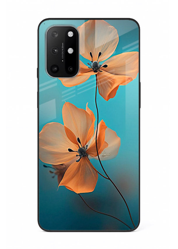 Orange petal artwork on OnePlus 8T glass back cover with bright lively floral shading.