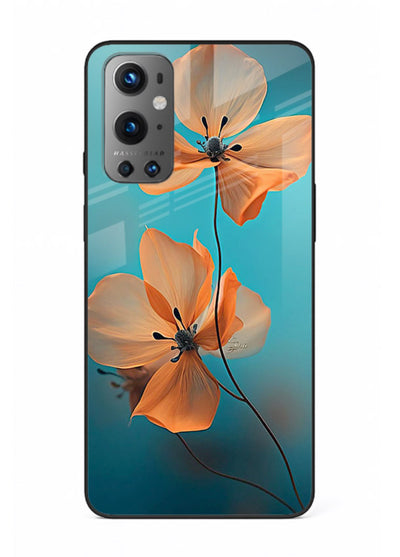 Orange petal artwork on OnePlus 9 glass back cover with bright lively floral shading.