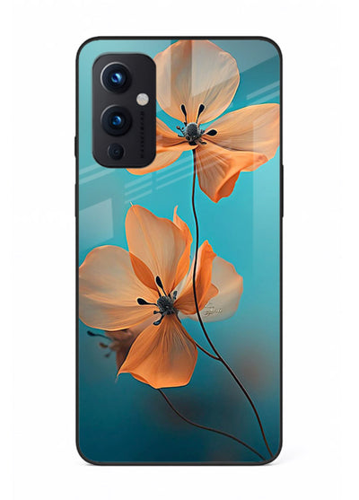 Orange petal artwork on OnePlus 9 Pro glass back cover with bright lively floral shading.