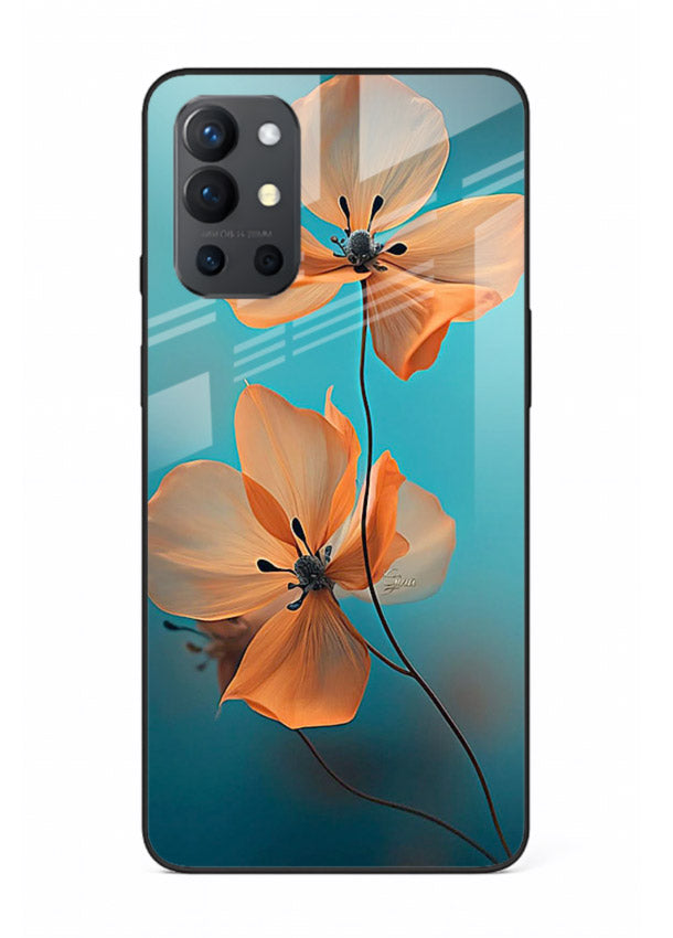 Orange petal artwork on OnePlus 9R glass back cover with bright lively floral shading.
