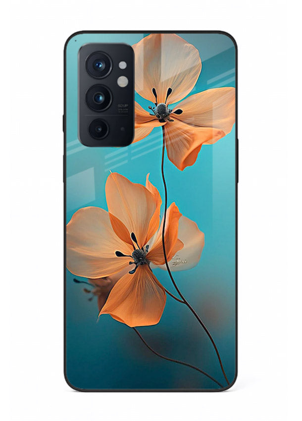 Orange petal artwork on OnePlus 9RT glass back cover with bright lively floral shading.