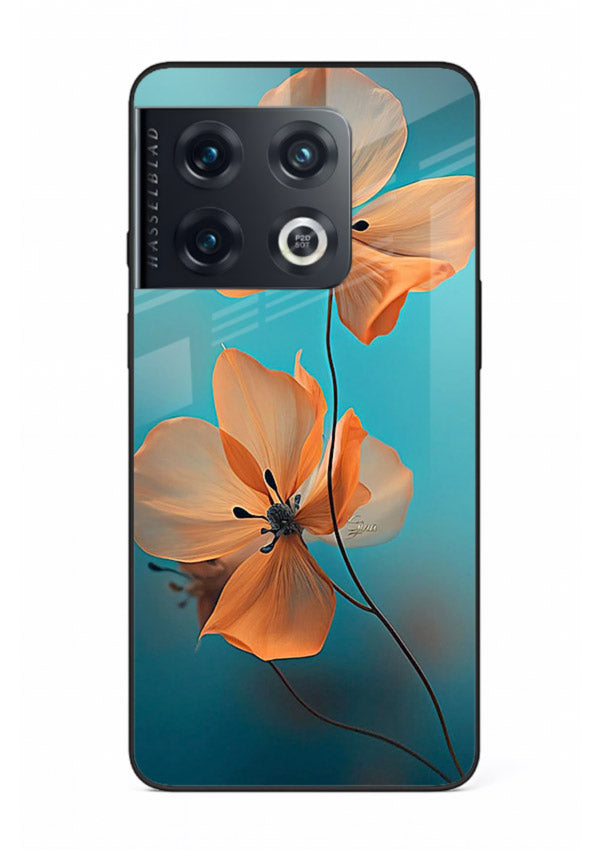 Orange petal artwork on OnePlus 10 Pro glass back cover with bright lively floral shading.