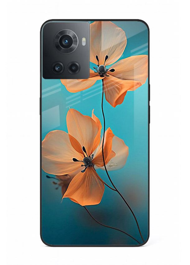 Orange petal artwork on OnePlus 10R glass back cover with bright lively floral shading.