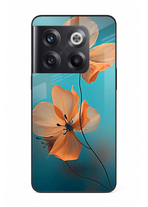 Orange petal artwork on OnePlus 10T glass back cover with bright lively floral shading.