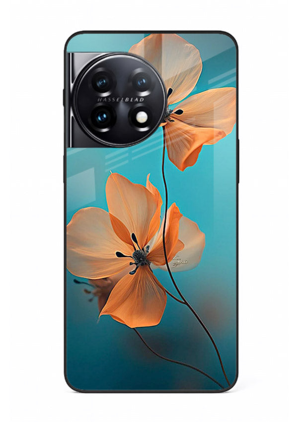 Orange petal artwork on OnePlus 11R glass back cover with bright lively floral shading.