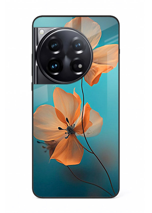 Orange petal artwork on OnePlus 12 glass back cover with bright lively floral shading.