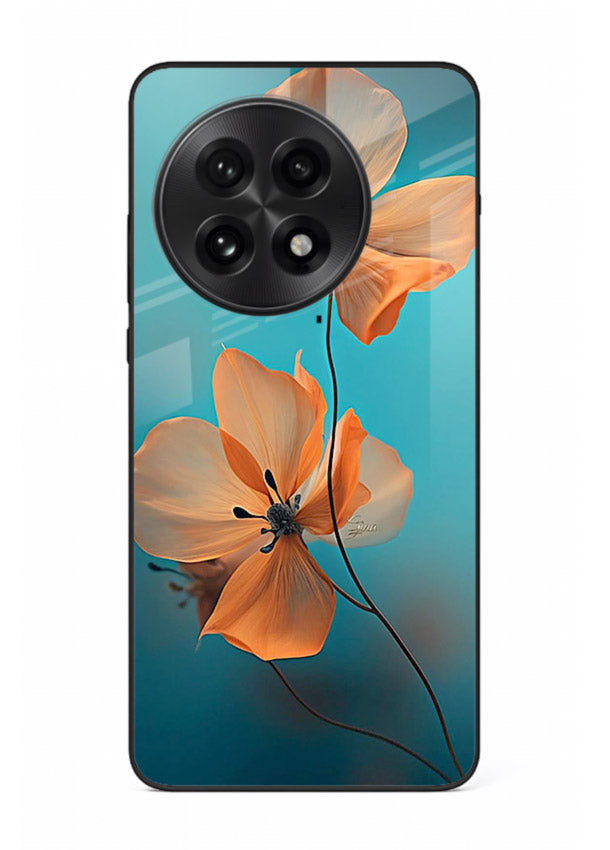 Orange petal artwork on OnePlus 13 glass back cover with bright lively floral shading.