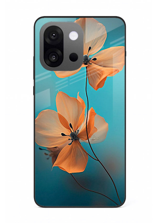 Orange petal artwork on OnePlus 13s glass back cover with bright lively floral shading.