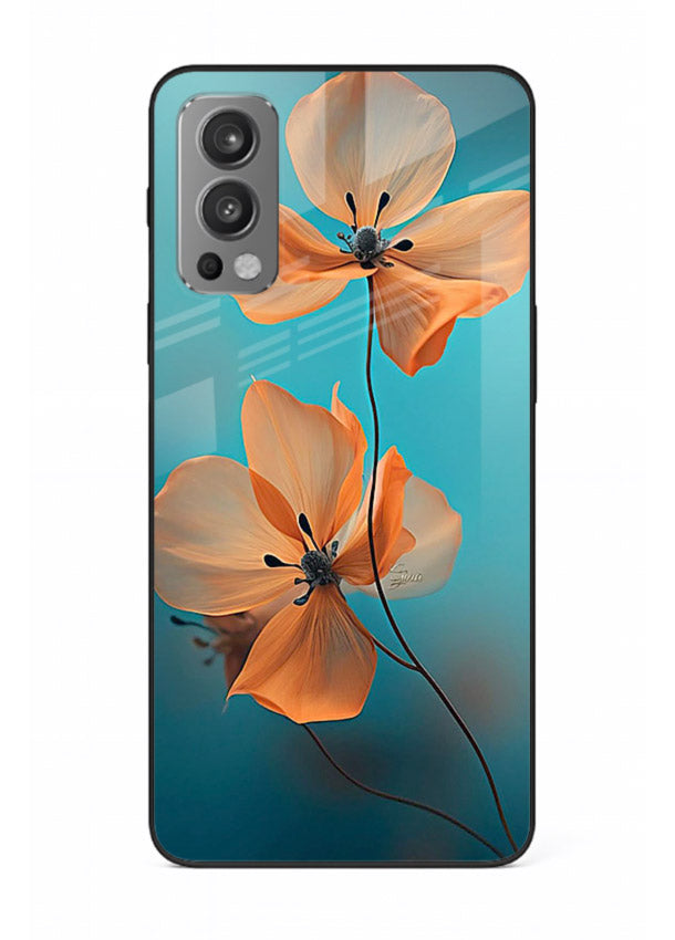 Orange petal artwork on OnePlus Nord 2 glass back cover with bright lively floral shading.