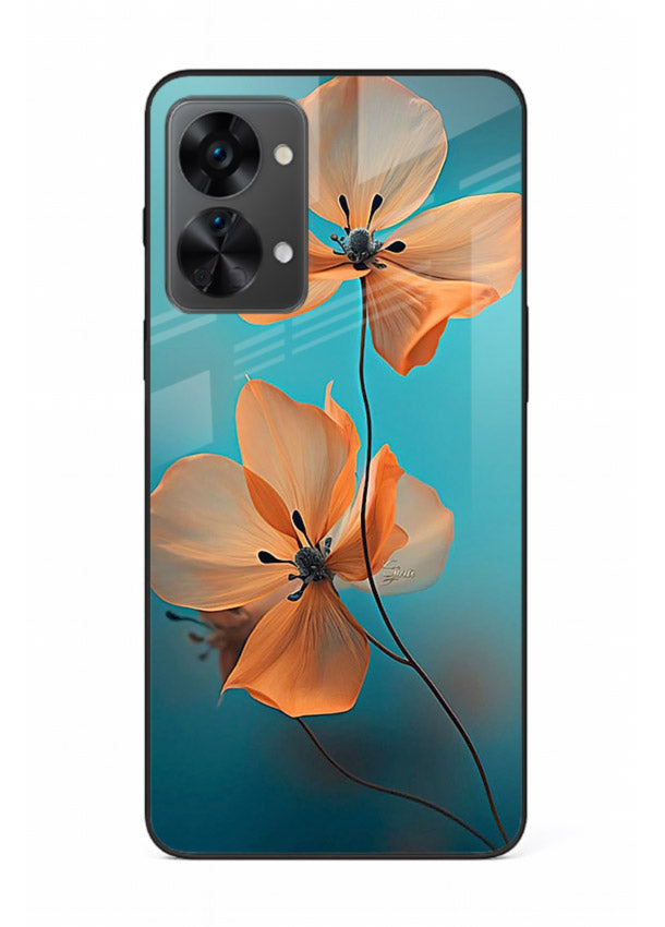 Orange petal artwork on OnePlus Nord 2T glass back cover with bright lively floral shading.