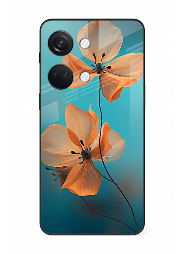 Orange petal artwork on OnePlus Nord 3 glass back cover with bright lively floral shading.