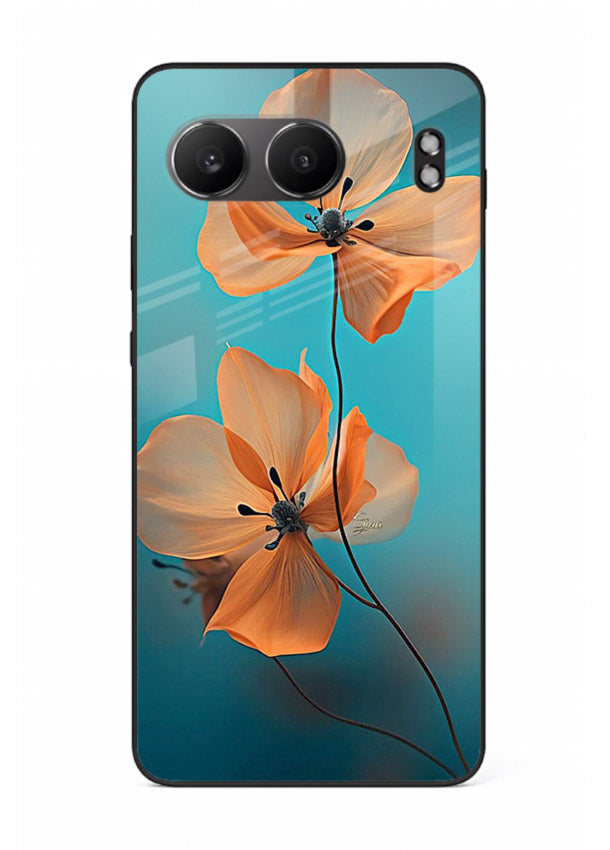 Orange petal artwork on OnePlus Nord 4 glass back cover with bright lively floral shading.