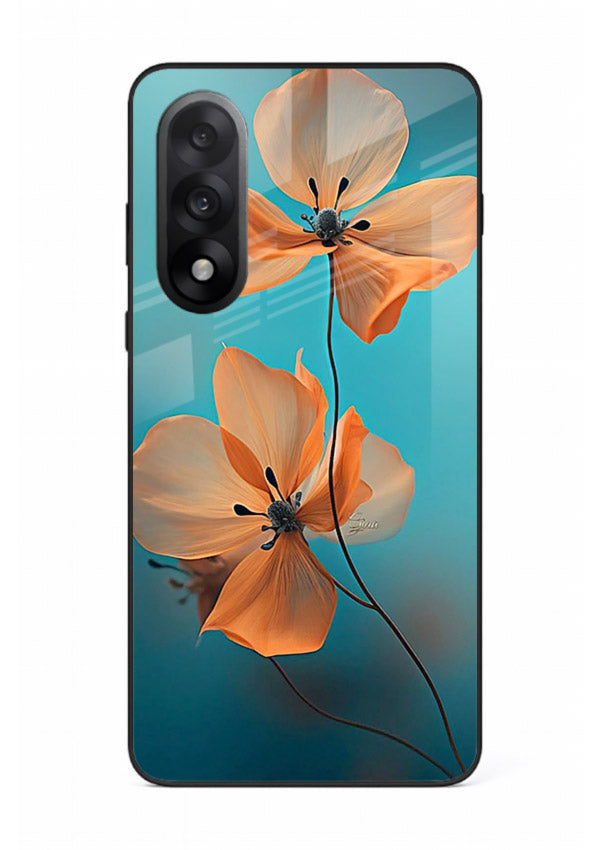 Orange petal artwork on OnePlus Nord 5 glass back cover with bright lively floral shading.