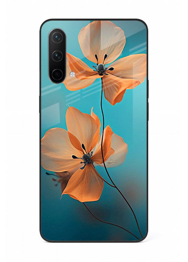 Orange petal artwork on OnePlus Nord CE 5G glass back cover with bright lively floral shading.