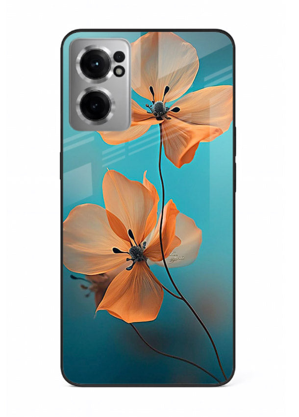 Orange petal artwork on OnePlus Nord CE2 5G glass back cover with bright lively floral shading.