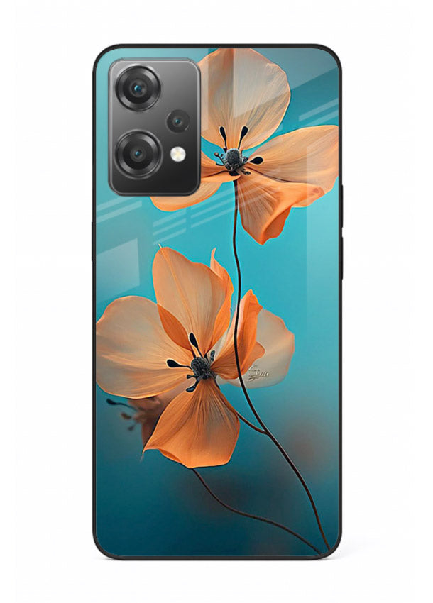 Orange petal artwork on OnePlus Nord CE2 Lite 5G glass back cover with bright lively floral shading.