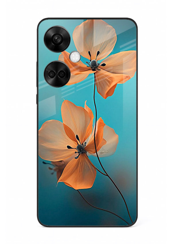 Orange petal artwork on OnePlus Nord CE3 glass back cover with bright lively floral shading.