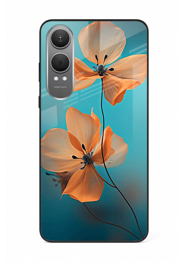 Orange petal artwork on OnePlus Nord CE4 Lite glass back cover with bright lively floral shading.